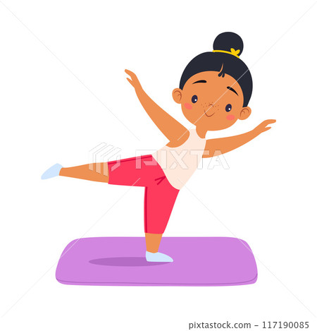 Girl Kid Stand in Yoga Asana on Mat at Sport Lesson Vector Illustration 117190085