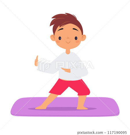 Boy Kid Stand in Yoga Asana at Sport Lesson Vector Illustration 117190095