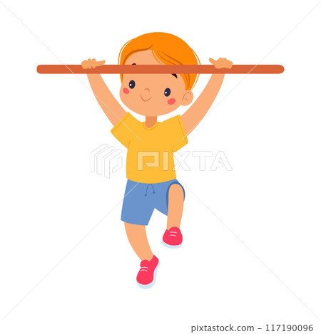 Boy Kid Hang on Bar at Sport Lesson Vector Illustration 117190096