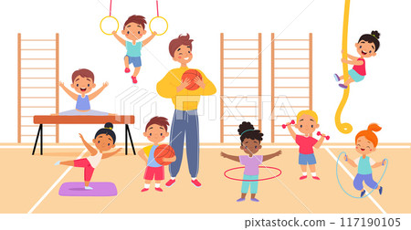 Children Trainer Teach Sport Lesson with Little Kids Vector Illustration 117190105