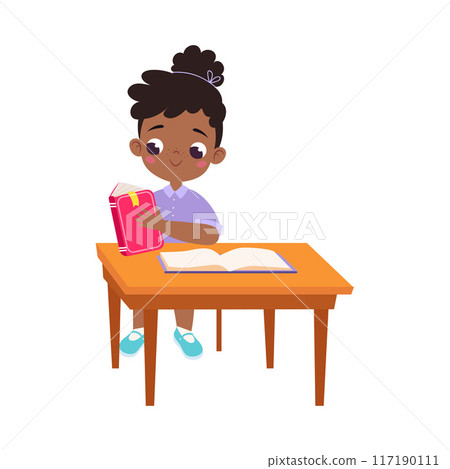 Girl Character at School at Desk Have Lesson Vector Illustration Girl Character at School at Desk Have Lesson Vector Illustration 117190111