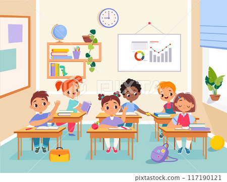 Children at School Sit at Desk Have Lesson Vector Illustration Children at School Sit at Desk Have Lesson Vector Illustration 117190121