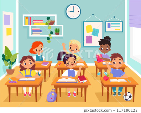 Children at School Sit at Desk Have Lesson Vector Illustration Children at School Sit at Desk Have Lesson Vector Illustration 117190122