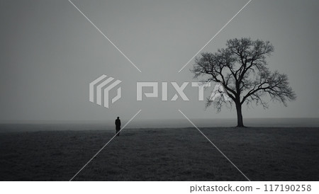 A man stands near a lonely tree. depressive photo 117190258