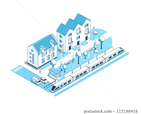 Safe railway crossing - vector isometric illustration 117190458