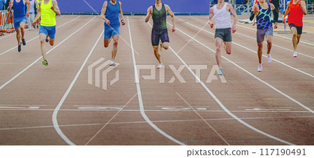 finish line 400-meter race, group athletes running together finish line 400-meter race, group athletes running together 117190491