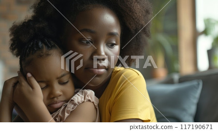 Worried Parent. Moment: Mother Embracing Her Child with Love and Comfort on a Cozy Couch Worried Parent. Moment: Mother Embracing Her Child with Love and Comfort on a Cozy Couch 117190671