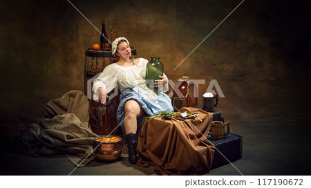 Woman in traditional attire relaxes with jug in hand, surrounded by rustic items like barrels, and simple food in tranquil, homely atmosphere. Woman in traditional attire relaxes with jug in hand, surrounded by rustic items like barrels, and simple food in tranquil, homely atmosphere. 117190672
