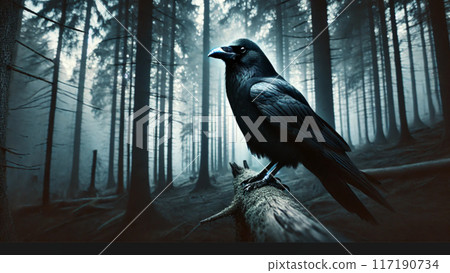Crow in the dark forest 117190734