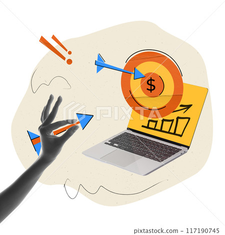 Hand throwing arrow into target in laptop with dollar sign and growing years. Target marketing, conversion in sales, strategic planning. Contemporary art collage. 117190745