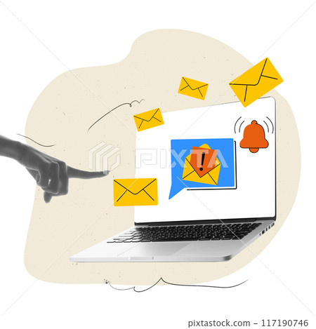 Hand pointing at laptop screen with mails and notification icons. Email marketing, user engagement, customer relationship management. Contemporary art collage. 117190746