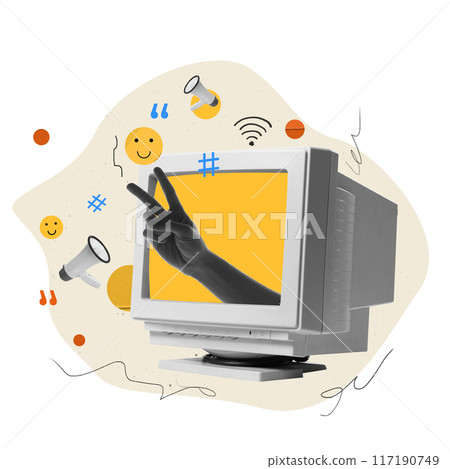 Human hands appearing from computer screen and showing peace symbol. Positive branding, online communication, social media. Contemporary art collage. 117190749