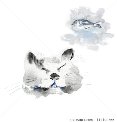 Cats face with closed eyes dreaming about fish. Sleeping cat and seeing fish in water. Cheshire cat's smile. Watercolor sketch is maid in a watercolor stain of cat and fish in black and blue colors Cats face with closed eyes dreaming about fish. Sleeping cat and seeing fish in water. Cheshire cat's smile. Watercolor sketch is maid in a watercolor stain of cat and fish in black and blue colors 117190766