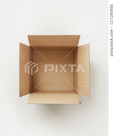 Open brown cardboard box. Open cardboard parcel, top view. Box for transportation or storage Open brown cardboard box. Open cardboard parcel, top view. Box for transportation or storage 117190888
