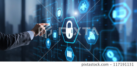 Lock Cyber Security on Virtual Screen Data Protection Technology Privacy concept 117191131