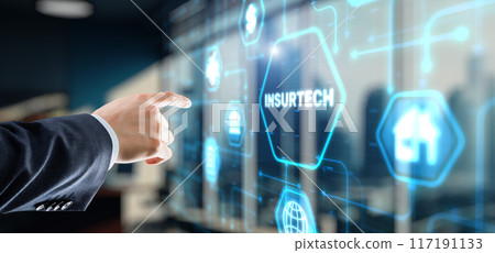 Businessman clicks icon Insurance, health family car money travel Insurtech concept 117191133