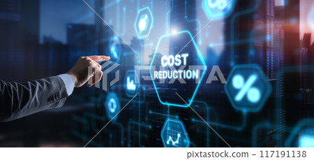 Cost reduction business finance concept. Businessman clicks virtual screen 117191138