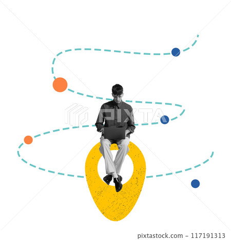 Man sitting on destination pin and working on laptop. Location information, logistics and route optimization, transparency in delivery. Contemporary art collage.. 117191313