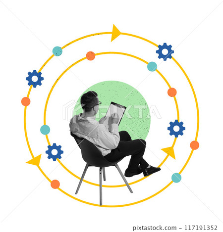 Employee, man working with documents. Coordinates of steps, efficiency and monitoring, management control. Contemporary art collage. 117191352