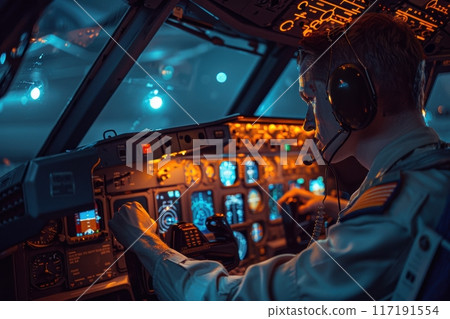 Airplane Pilot in Cockpit During Evening Landing, Blue Hour, Aviation Professional Navigating Aircraft in Twilight, Captivating Flight Experience, Pilot's Perspective, Stunning Sky View 117191554