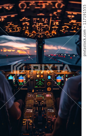 Airplane Pilot in Cockpit During Evening Landing, Blue Hour, Aviation Professional Navigating Aircraft in Twilight, Captivating Flight Experience, Pilot's Perspective, Stunning Sky View 117191555