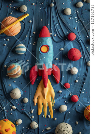 Abstract plasticine space scene with rocket and planets. 117191755