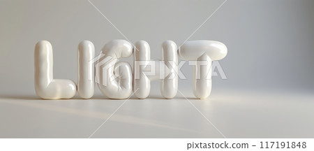 "Light" text in white glossy balloon letters on a white background. Studio typography photograph. Design for poster, wallpaper, banner. Flat lay composition. Banner with copy space 117191848