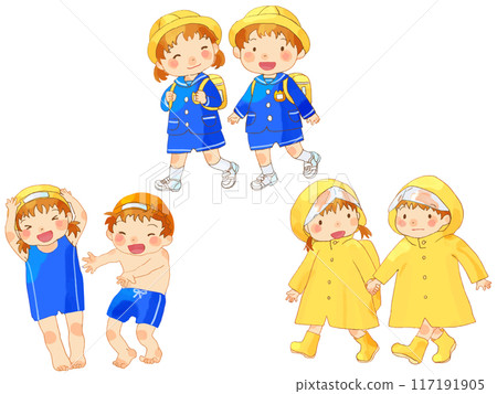 Kindergarten children arrive at the pool in raincoats 117191905