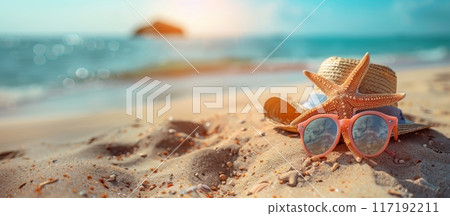 Straw hat with sunglasses and starfish on sandy beach. Summer vacation and travel concept. Banner with copy space Straw hat with sunglasses and starfish on sandy beach. Summer vacation and travel concept. Banner with copy space 117192211