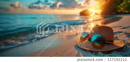 Straw hat on sandy beach at sunset. Beach accessories and sunset photography. Summer relaxation and vacation concept. Design for invitation. Banner with copy space 117192212