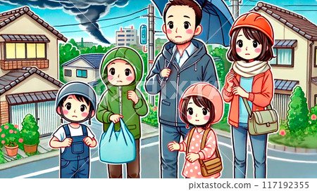 A family worried about the approach of a typhoon 117192355