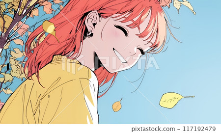 帶著秋葉在秋季公園散步的年輕女子 117192479