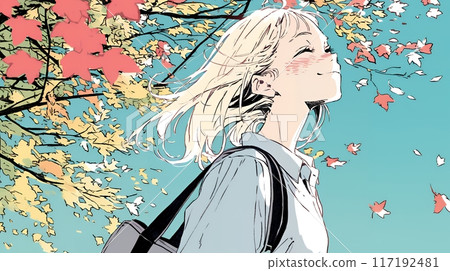 帶著秋葉在秋季公園散步的年輕女子 117192481