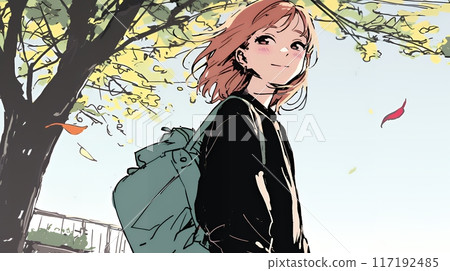 Young woman walking through autumn park with colorful leaves Young woman walking through autumn park with colorful leaves 117192485