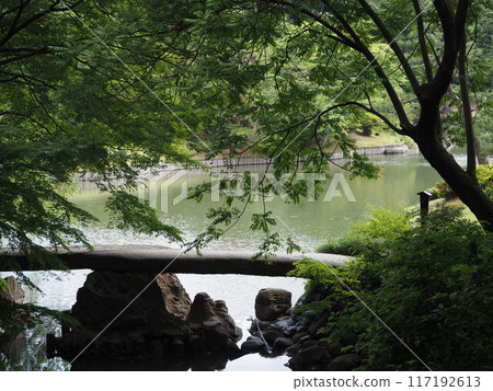 Togetsukyo Bridge over the great pond of Rikugien Garden 117192613