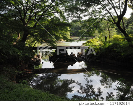 Togetsukyo Bridge over the great pond of Rikugien Garden 117192614