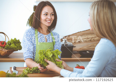 Two women friends choose the recipe and ingredients for a delicious meal while sitting at the kitchen table. Vegetarian concept 117192625