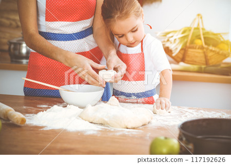Happy woman and her daughter are kneading the dough and baking cookies for a delicious family feasting in sunny kitchen. Christmas, New year, Thanksgiving, Anniversary, Mothers Day. Healthy meal Happy woman and her daughter are kneading the dough and baking cookies for a delicious family feasting in sunny kitchen. Christmas, New year, Thanksgiving, Anniversary, Mothers Day. Healthy meal 117192626