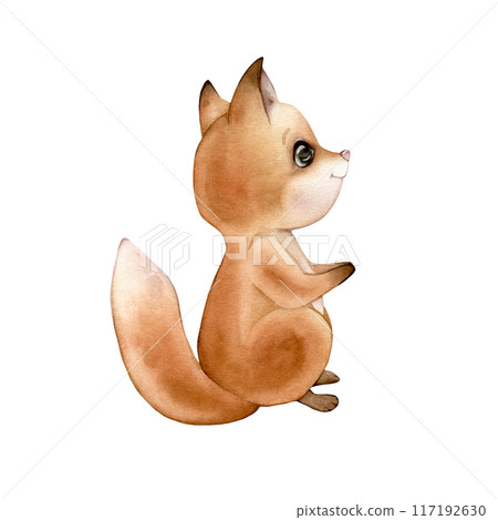 Watercolor cute fox. Drawing of forest animal in warm red orange brown colors. Hand drawn illustration on isolated background for children. For childish shower greeting cards or kids invitations Watercolor cute fox. Drawing of forest animal in warm red orange brown colors. Hand drawn illustration on isolated background for children. For childish shower greeting cards or kids invitations 117192630
