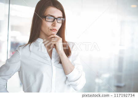 Beautiful female specialist with dark hair standing in sunny office and smiling charmingly. Working on design, data analysis, plan strategy 117192734