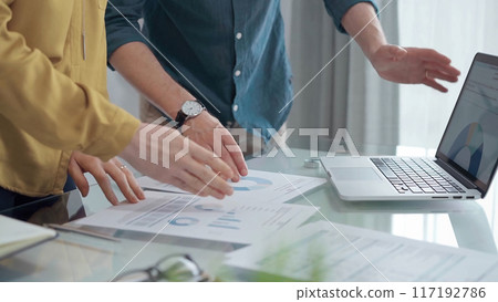 Business people, professionals analyzing financial charts and data on a desk while standing and using laptop computer in office 117192786