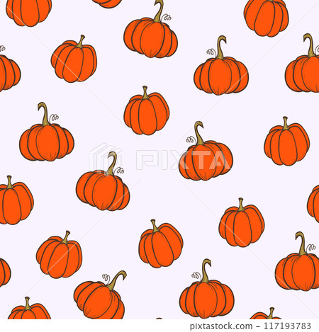 Seamless pattern with pumpkins on color background. Vector hand drawn sketched pumpkin. Autumn illustration for holidays, Halloween. Various food items in doodle style 117193783