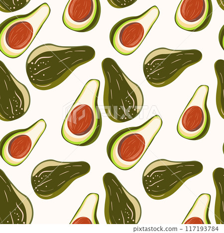 Cute avocado isolated on white background. Avocados with leaves and slice. Natural delicious fresh ripe tasty summer fruit. Vector illustration for packaging, card, other design. Food concept 117193784