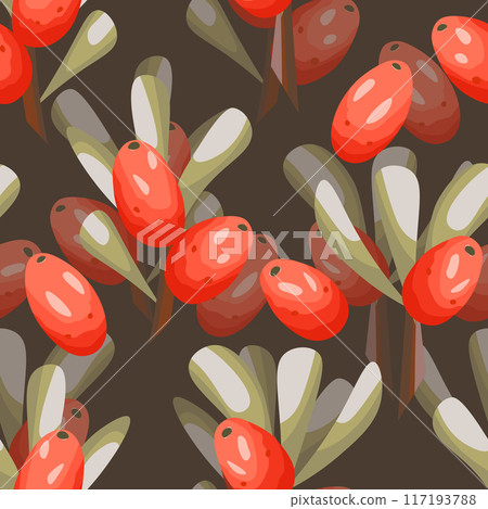 Seamless pattern with sea buckthorn. Natural fresh ripe tasty berries. Vector illustration for background, packaging, textile, fabric and various other designs Seamless pattern with sea buckthorn. Natural fresh ripe tasty berries. Vector illustration for background, packaging, textile, fabric and various other designs 117193788