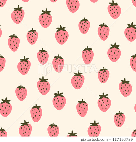 Seamless pattern with strawberry on color background. Natural delicious fresh ripe tasty fruit. Vector illustration for print, fabric, textile, banner, other design. Food concept. 117193789