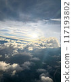 "Sunset from the airplane window: A journey through a breathtaking view of the sea of clouds and the horizon" Aerial footage 1 117193802