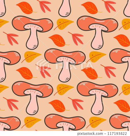 Saffron milk caps mushrooms with colorful falling leaves seamless pattern 117193822