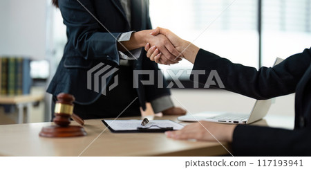 Professional Lawyers Shaking Hands Over a Legal Agreement in a Modern Office Setting 117193941