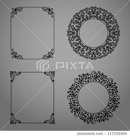 Set of decorative frames Elegant vector element for design in Eastern style, place for text. Floral black and gray borders. Lace illustration for invitations and greeting cards Set of decorative frames Elegant vector element for design in Eastern style, place for text. Floral black and gray borders. Lace illustration for invitations and greeting cards 117193984