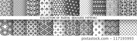 Geometric floral set of seamless patterns. White and black vector backgrounds. Damask graphic ornaments. Geometric floral set of seamless patterns. White and black vector backgrounds. Damask graphic ornaments. 117193993